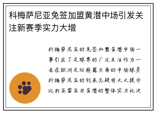 科梅萨尼亚免签加盟黄潜中场引发关注新赛季实力大增